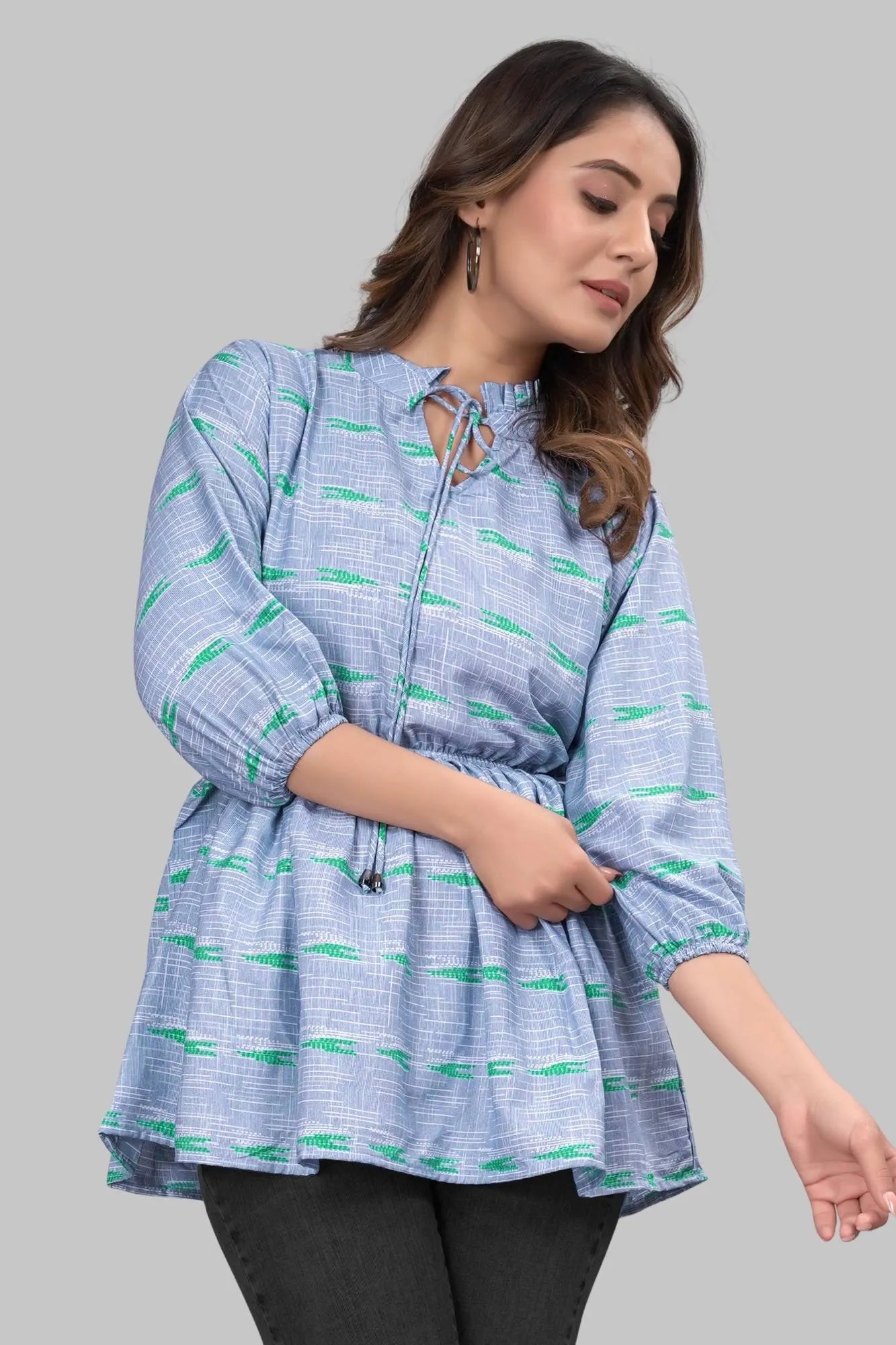 ZELZIS Fashion online Shopping Women Blue Floral Ruffle Solid Crepe Tunic Tops
