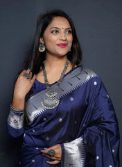 ZELZIS Fashion online Shopping Women Blue Primiuam Solid Silver Line Jacquard Sarees With Unstich Blouse Piece