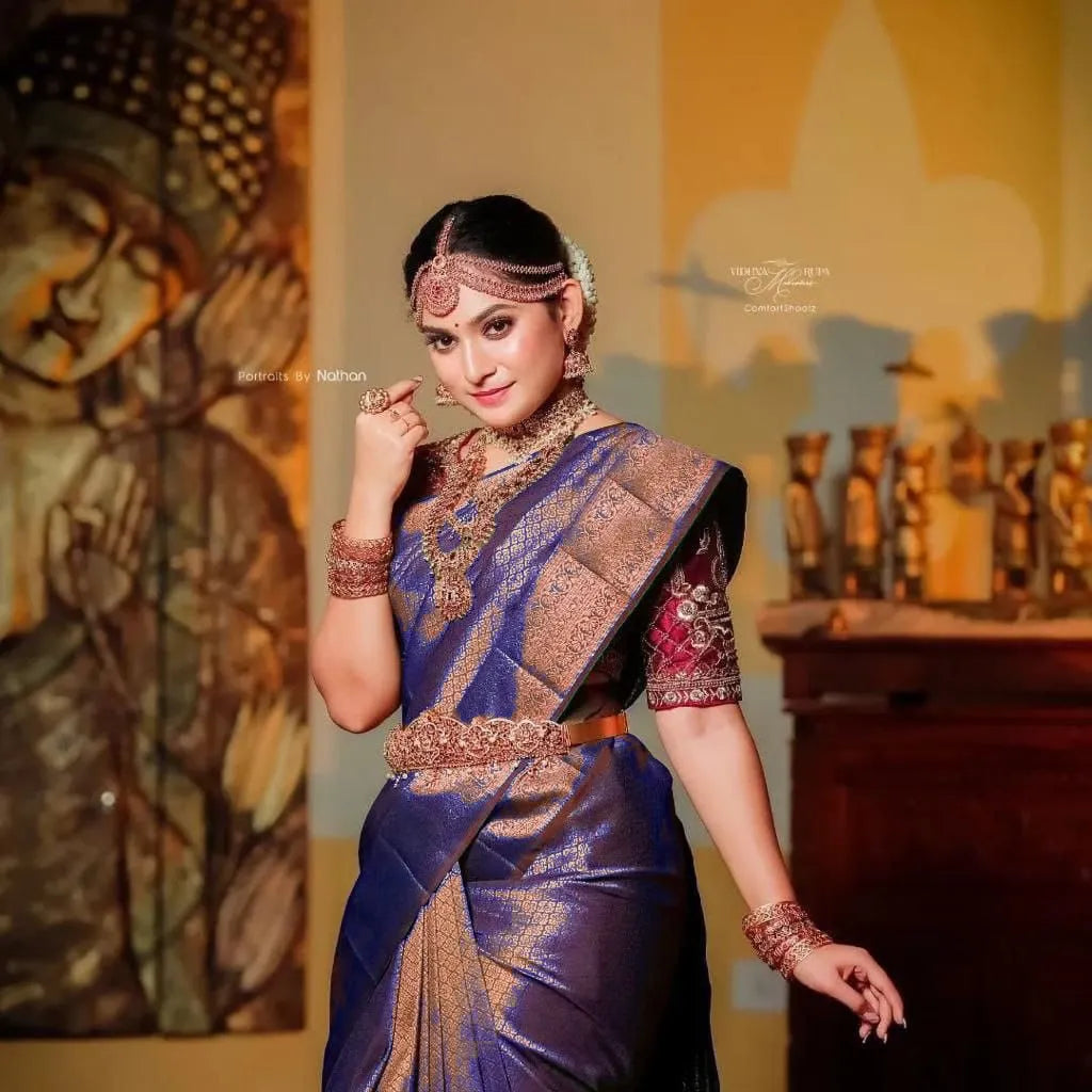 ZELZIS Fashion online Shopping Women Blue Self Design Premium Jacquard Sarees With Unstich Blouse Piece