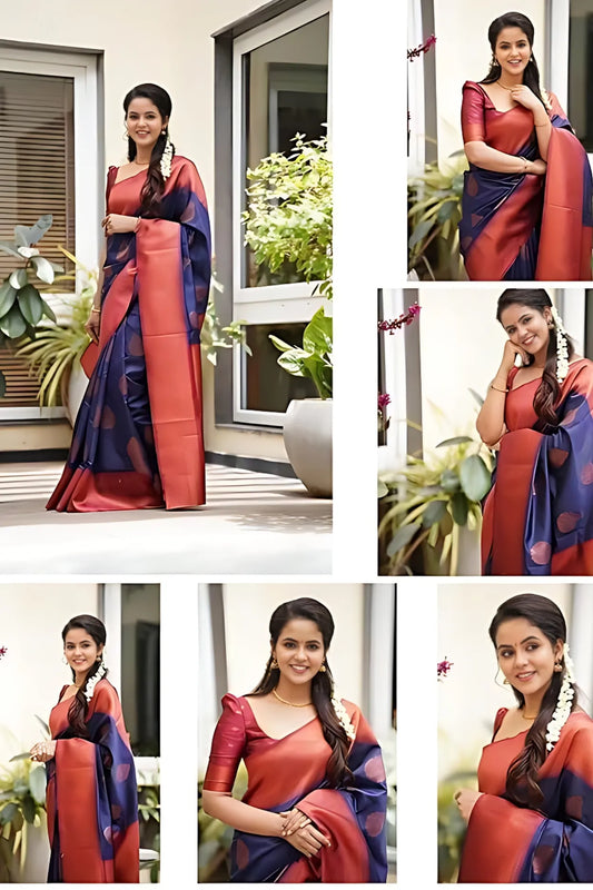 ZELZIS Fashion online Shopping Women Dark Blue Solid Premium Jacquard Sarees With Unstich Blouse Piece