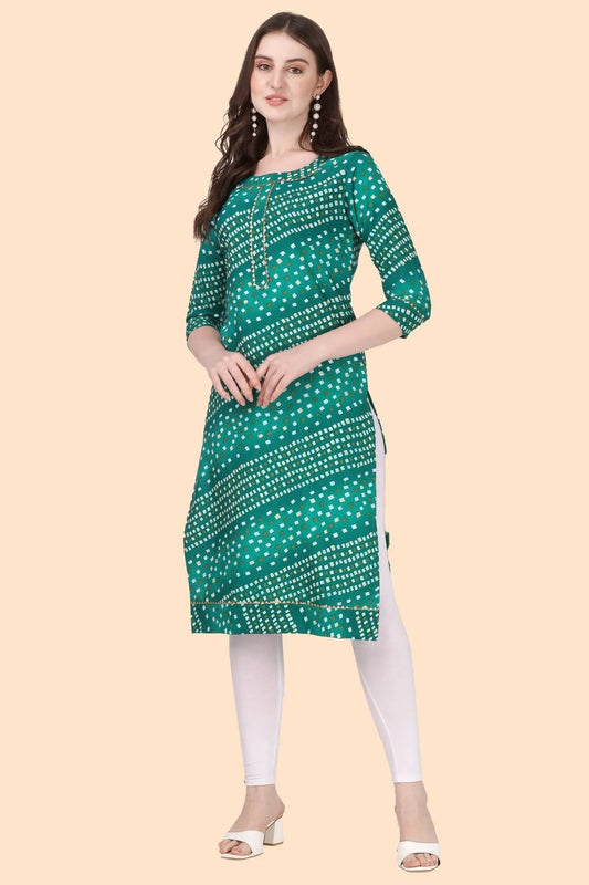 ZELZIS Fashion online Shopping Women Green bandhani Regular Premium Crepe Kurtis
