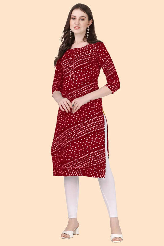 ZELZIS Fashion online Shopping Women Maroon bandhani Regular Premium Crepe Kurtis