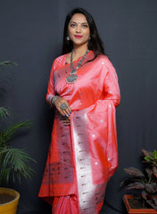 ZELZIS Fashion online Shopping Women Pink Premium Solid Silver Line Jacquard Sarees With Unstitch Blouse Piece