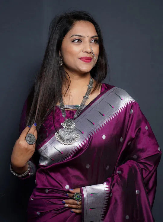 ZELZIS Fashion online Shopping Women Purple Premium Solid Silver Line Jacquard Sarees With Unstitch Blouse Piece
