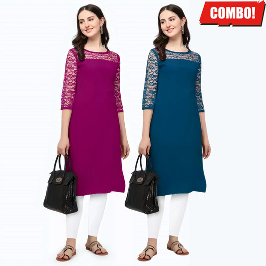 ZELZIS Fashion online Shopping Women Purple & Teal A-Line Straight Daily Wear Crepe Combo Kurtis