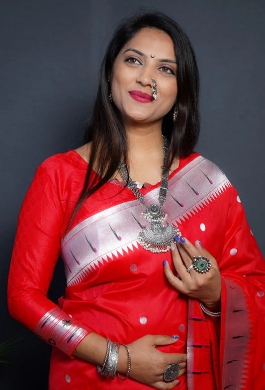 ZELZIS Fashion online Shopping Women Red Premium Solid Silver Line Jacquard Sarees With Unstitch Blouse Piece