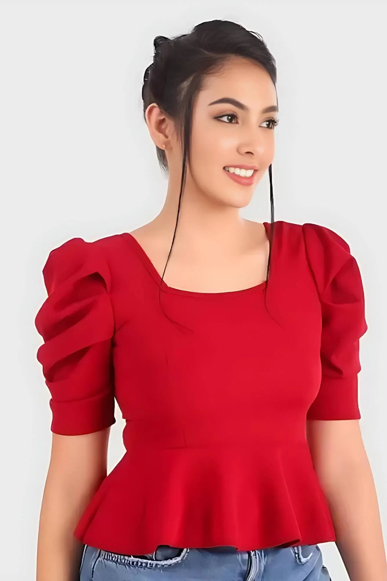 ZELZIS Fashion online Shopping Women Red Western Puff Sleeve Polyester Tops