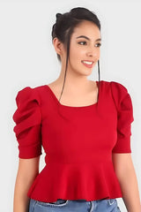 ZELZIS Fashion online Shopping Women Red Western Puff Sleeve Polyester Tops