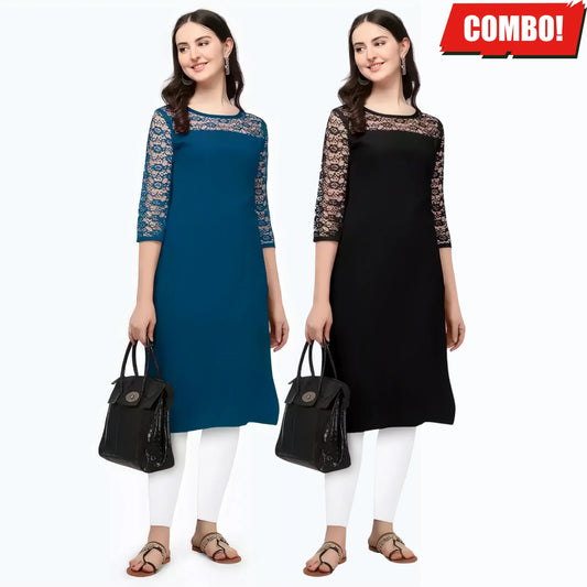 ZELZIS Fashion online Shopping Women Teal & Black A-Line Straight Daily Wear Crepe Combo Kurtis