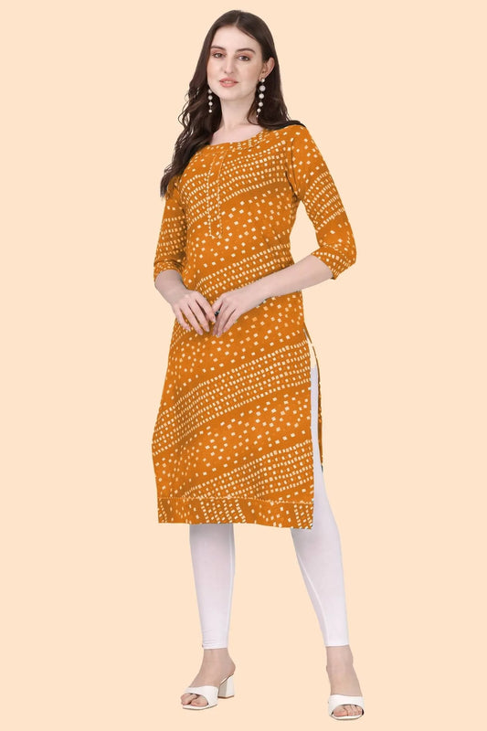 ZELZIS Fashion online Shopping Women Yellow Bandhani Regular Premium Crepe Kurtis