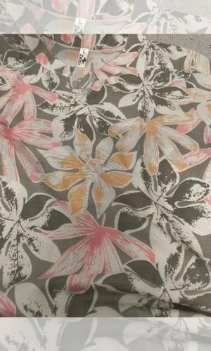 Floral patterned fabric with pink and orange flowers on a gray background