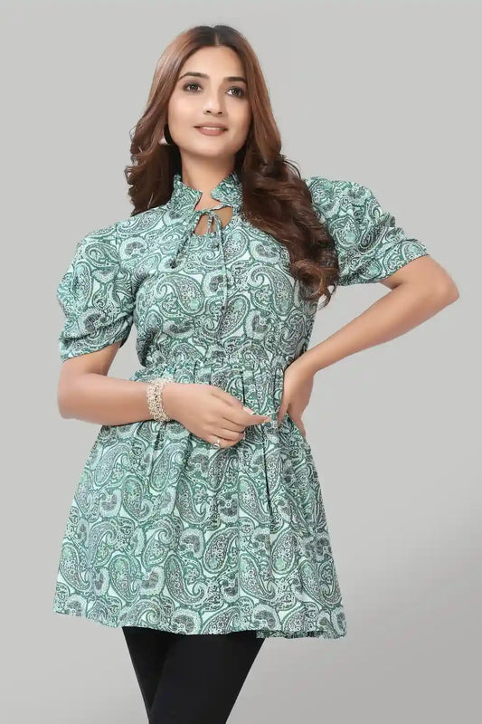 ZELZIS Green Crepe Top with Ruffle Collar – Stylish & Comfortable for Women
