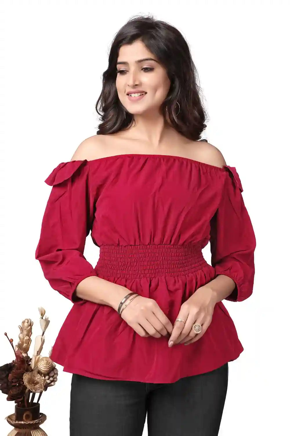 ZELZIS Pink Off Shoulder Crepe Top for Women Stylish Casual & Party Wear
