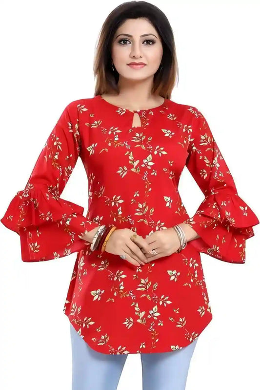 ZELZIS Red Bell Sleeve Tunic – Elegant Floral Print for Women
