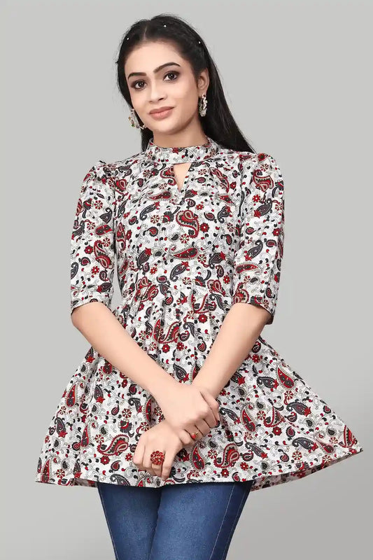 ZELZIS Red Mango Floral Crepe Tunic for Women with Keyhole Neck Design
