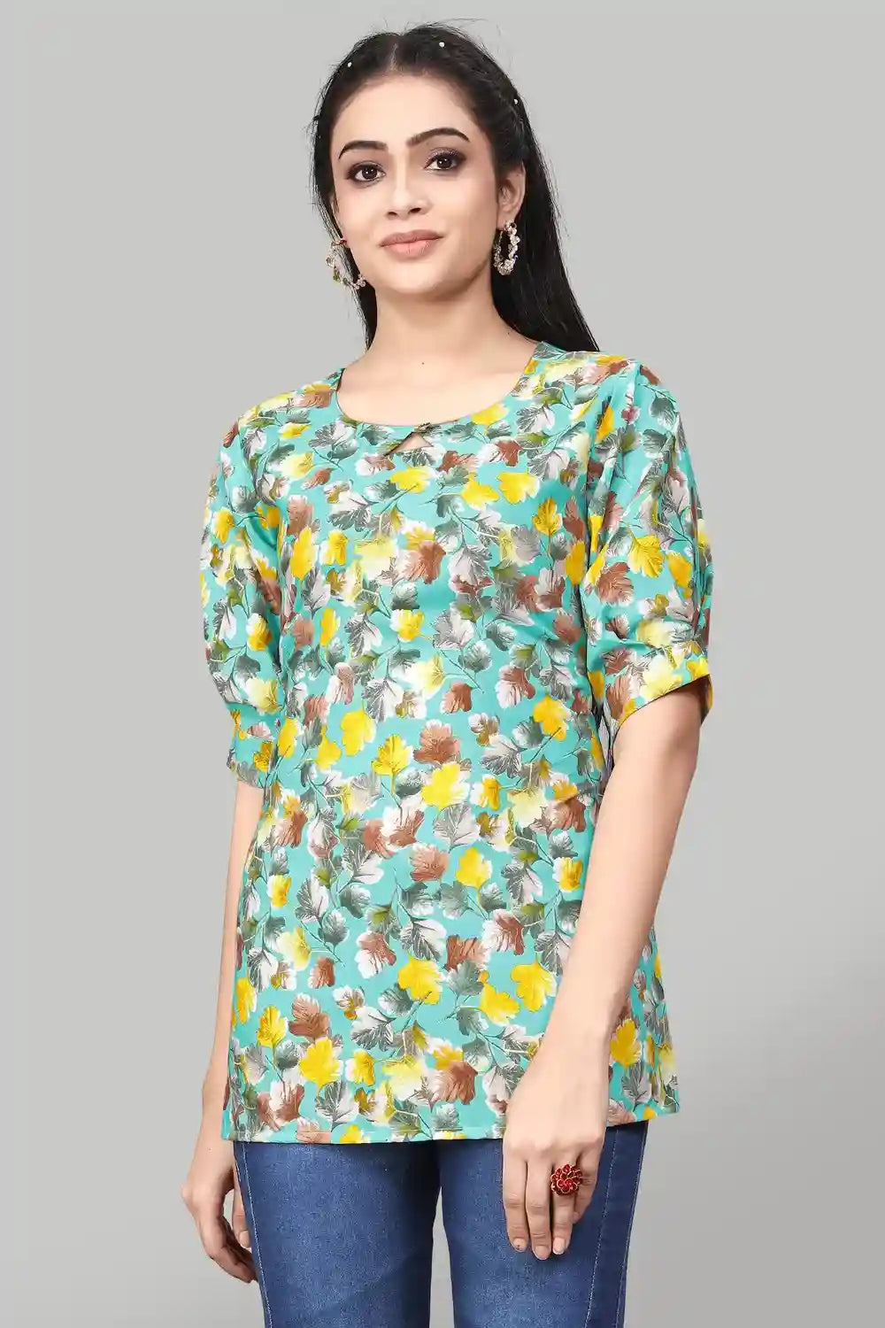 ZELZIS Sky Green Floral Crepe Tunic with Round Neck for Women Casual Fashion
