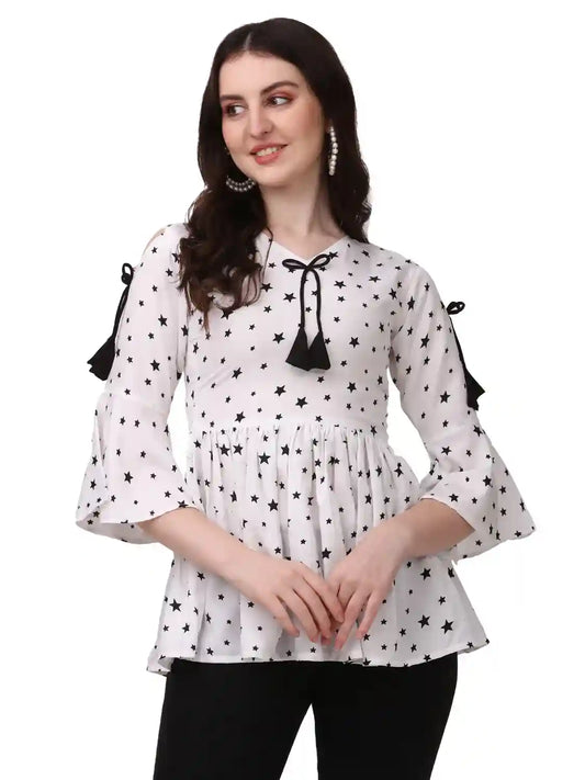 ZELZIS White Star Printed Tunic with Fancy Cutout – Stylish V-Neck Design
