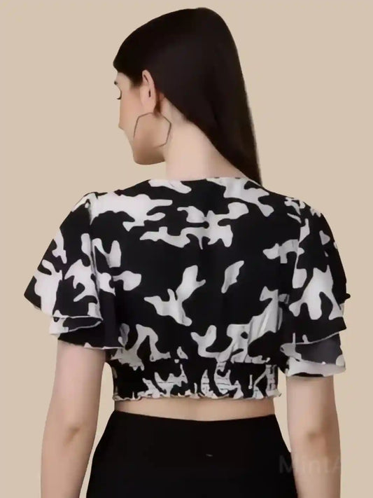 ZELZIS Women’s Black Floral V-Neck Crop Top with Flared Sleeves
