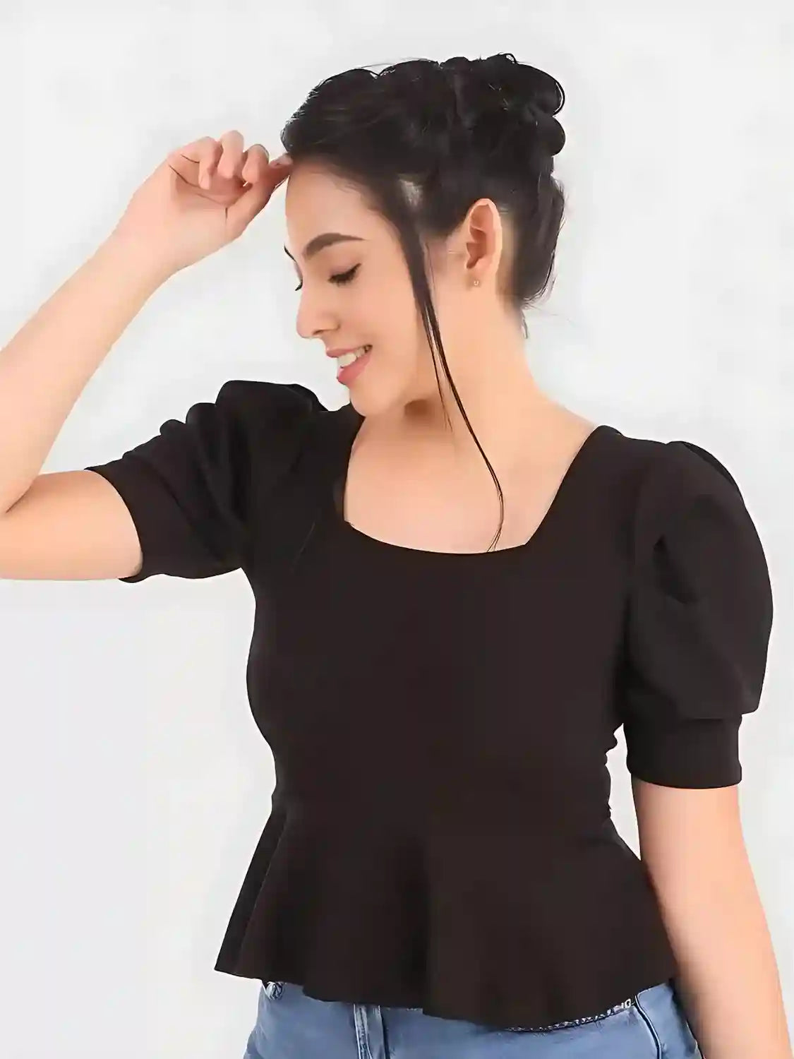 ZELZIS Women’s Black Solid Polyester Top with Short Puff Sleeves
