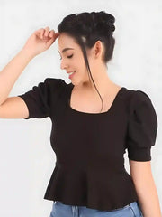 ZELZIS Women’s Black Solid Polyester Top with Short Puff Sleeves
