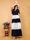 ZELZIS Women’s Blue Colourblocked Flared Maxi Dress for Casual & Party Wear
