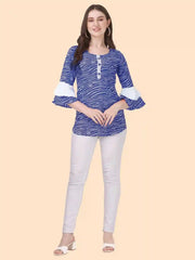 ZELZIS Women’s Blue Crepe Top with White Polka Dots and Button Neck
