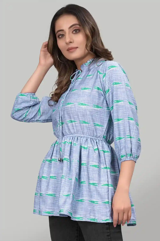 ZELZIS Women’s Blue Floral Crepe Tunic with Three Quarter Sleeves
