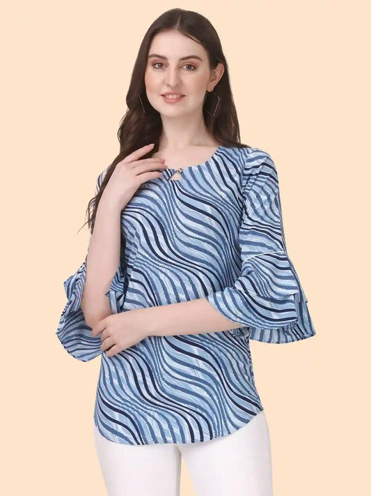 ZELZIS Women's Blue Striped Keyhole Neck Tunic Top for Casual and Party Wear
