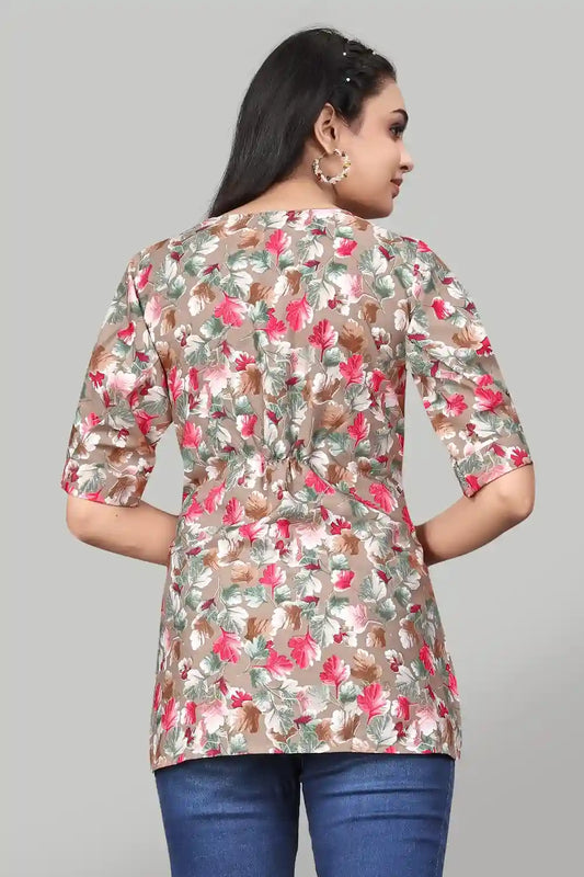 ZELZIS Women’s Brown Floral Crepe Tunic for Casual & Party Wear
