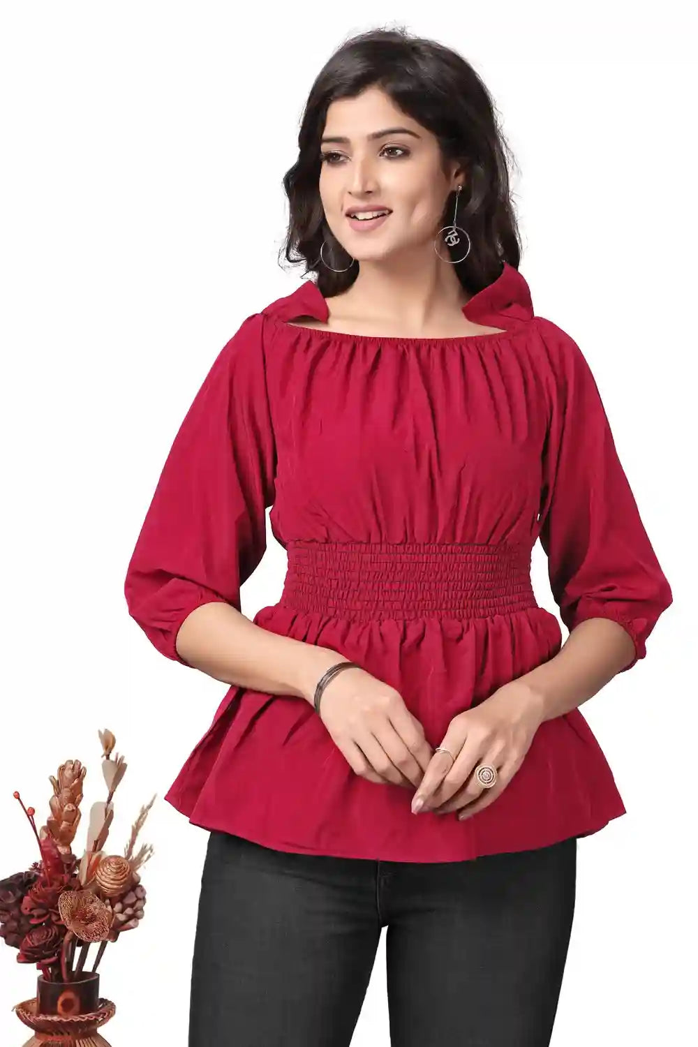 ZELZIS Women's Elegant Pink Off-Shoulder Crepe Top for Casual Wear
