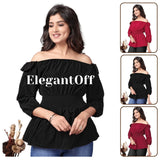 ZELZIS Women's Off Shoulder Crepe Top | Solid Ruffle Sleeve Casual & Party Wear Top
