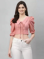 ZELZIS Women’s Short Pink Crop Top with Trendy Tie-Up Neck
