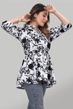 ZELZIS Women’s White Floral Tunic with Ruffle Neck for Casual & Party Wear
