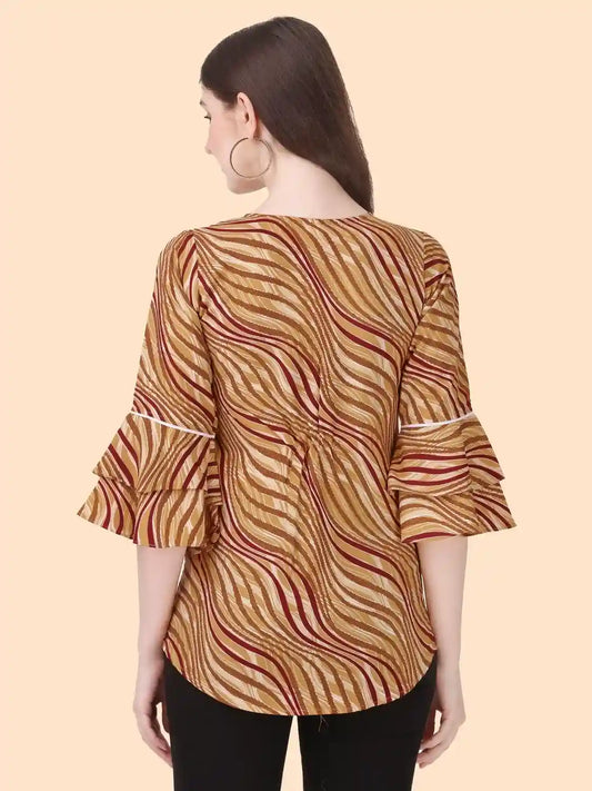 ZELZIS Women’s Yellow Striped Tunic with Keyhole Neck and Three Quarter Sleeves
