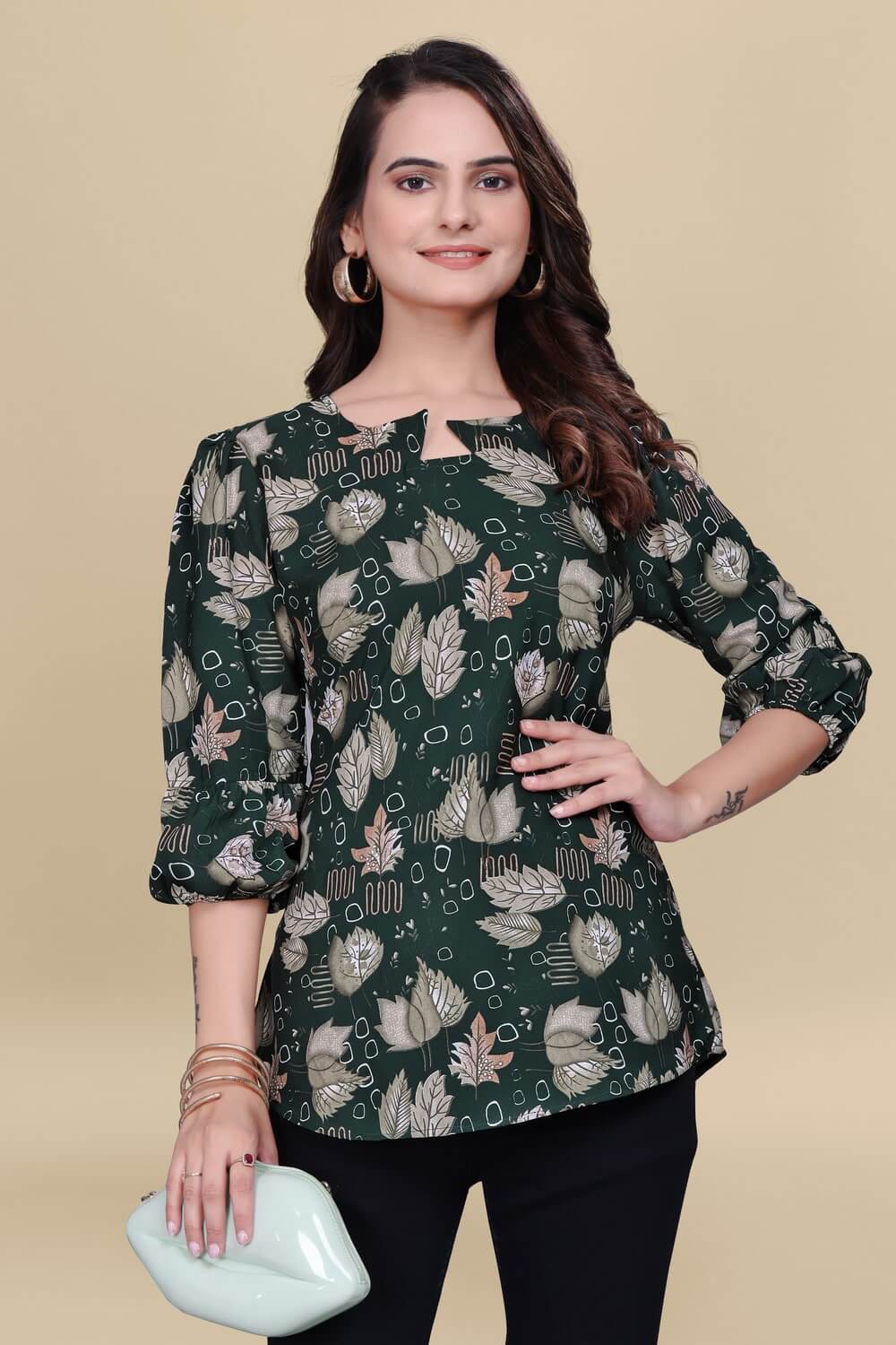ZELZIS green abstract crepe tunic for women

