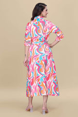 ZELZIS pink abstract cotton knee-length dress for women

