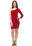ZELZIS red solid bodycon one shoulder dress for women knee length

