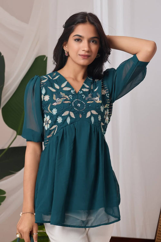 ZELZIS teal embroidered georgette top for women

