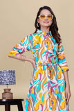 ZELZIS yellow multicolor abstract cotton knee-length dress for women


