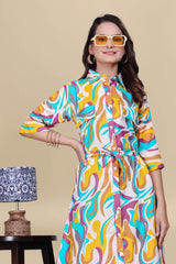 ZELZIS yellow multicolor abstract cotton knee-length dress for women

