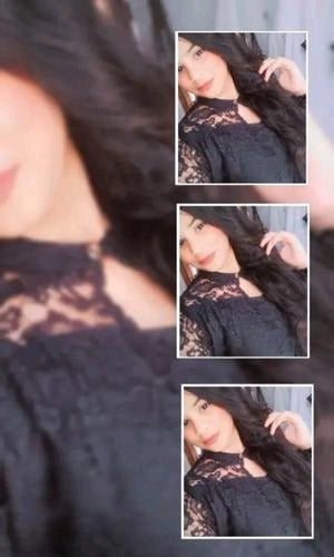 Person wearing a black lace top with close-up shots of the garment.
