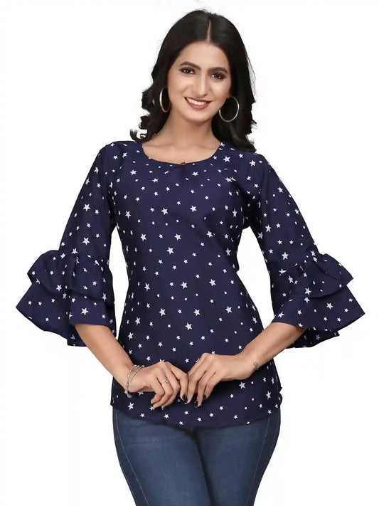 Zelzis blue star printed bell sleeve crepe tunic top for women
