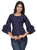 Zelzis blue star printed bell sleeve crepe tunic top for women
