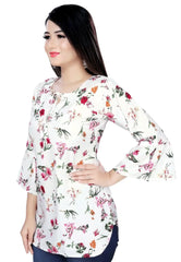 Zelzis round neck white crepe tunic with floral pattern