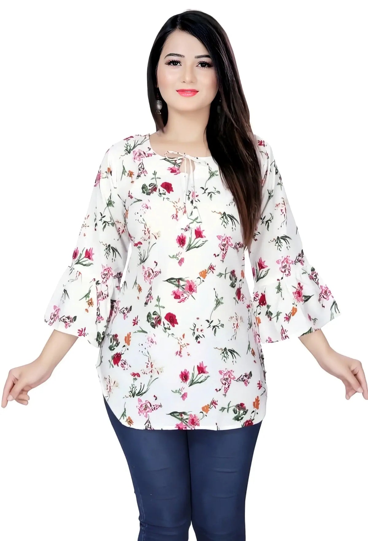 Zelzis three-quarter bell sleeve white tunic for girls