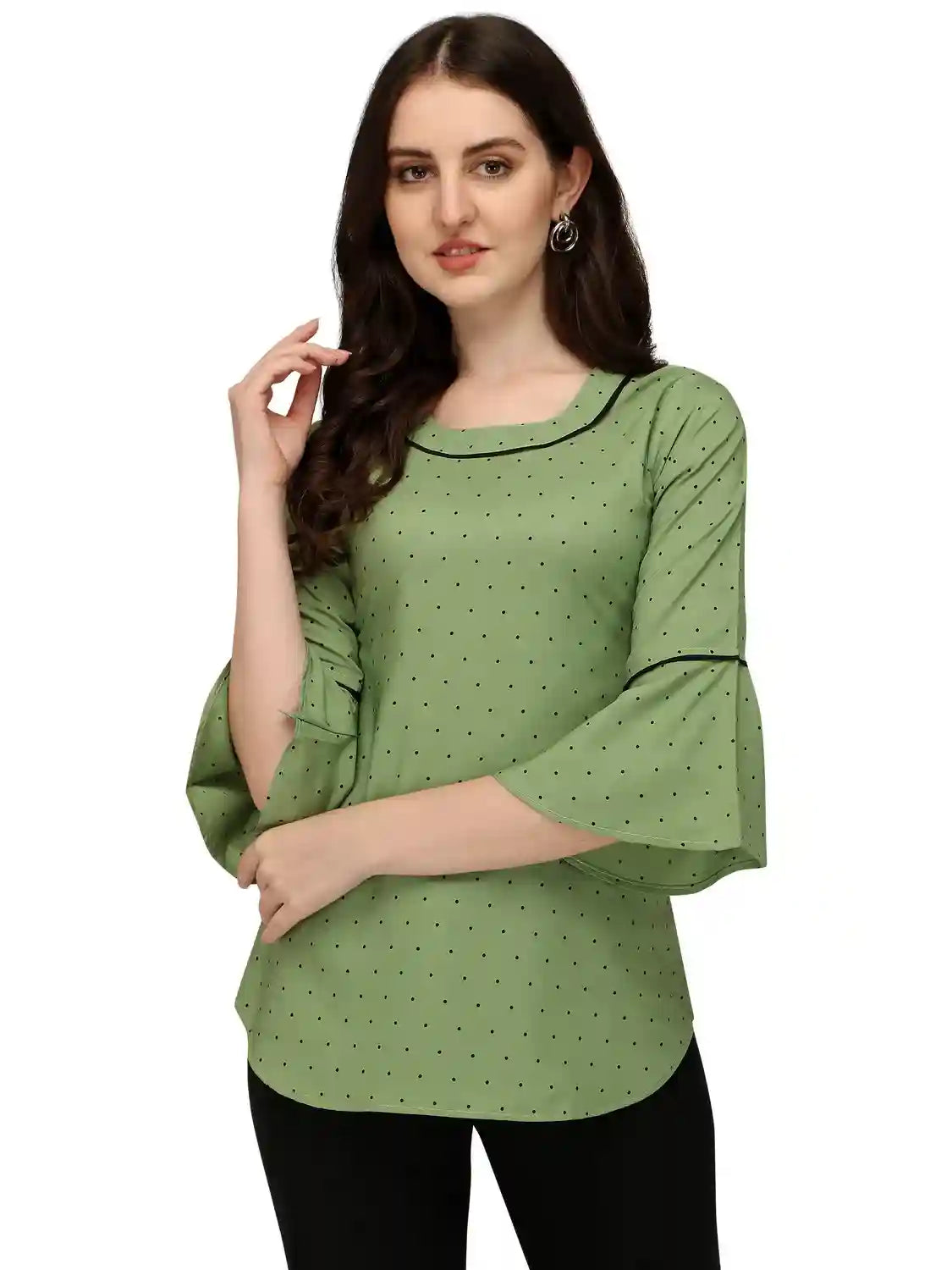 Zelzis women green crepe polka dot tunic top for casual wear
