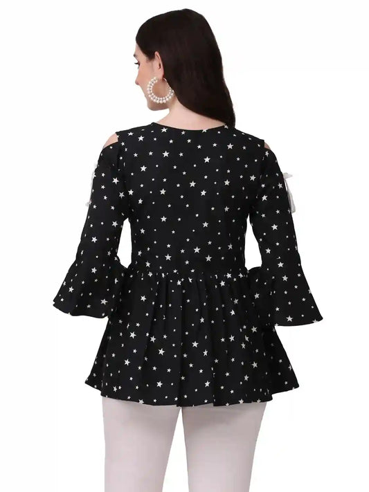 Zelzis women's black star printed fancy cutout tunic top
