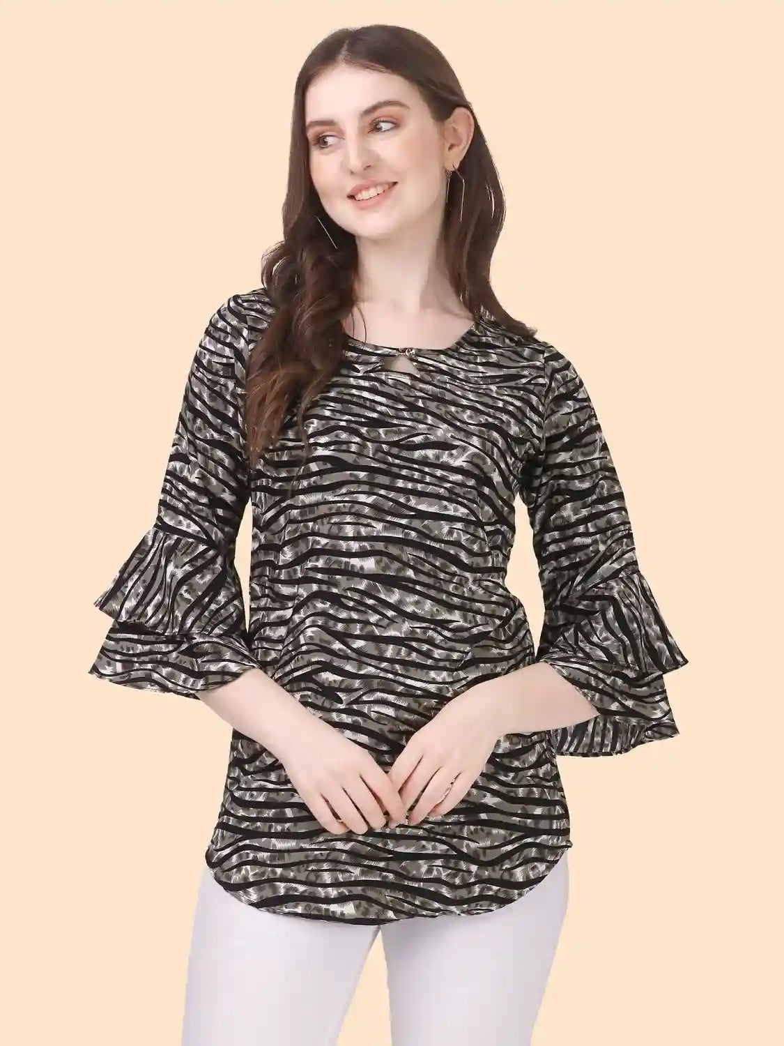 Zelzis women's black striped keyhole neck classic tunic top
