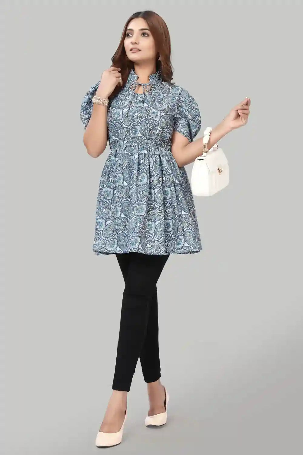 Zelzis women's blue solid crepe ruffle top with tie-up neck

