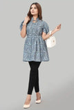 Zelzis women's blue solid crepe ruffle top with tie-up neck
